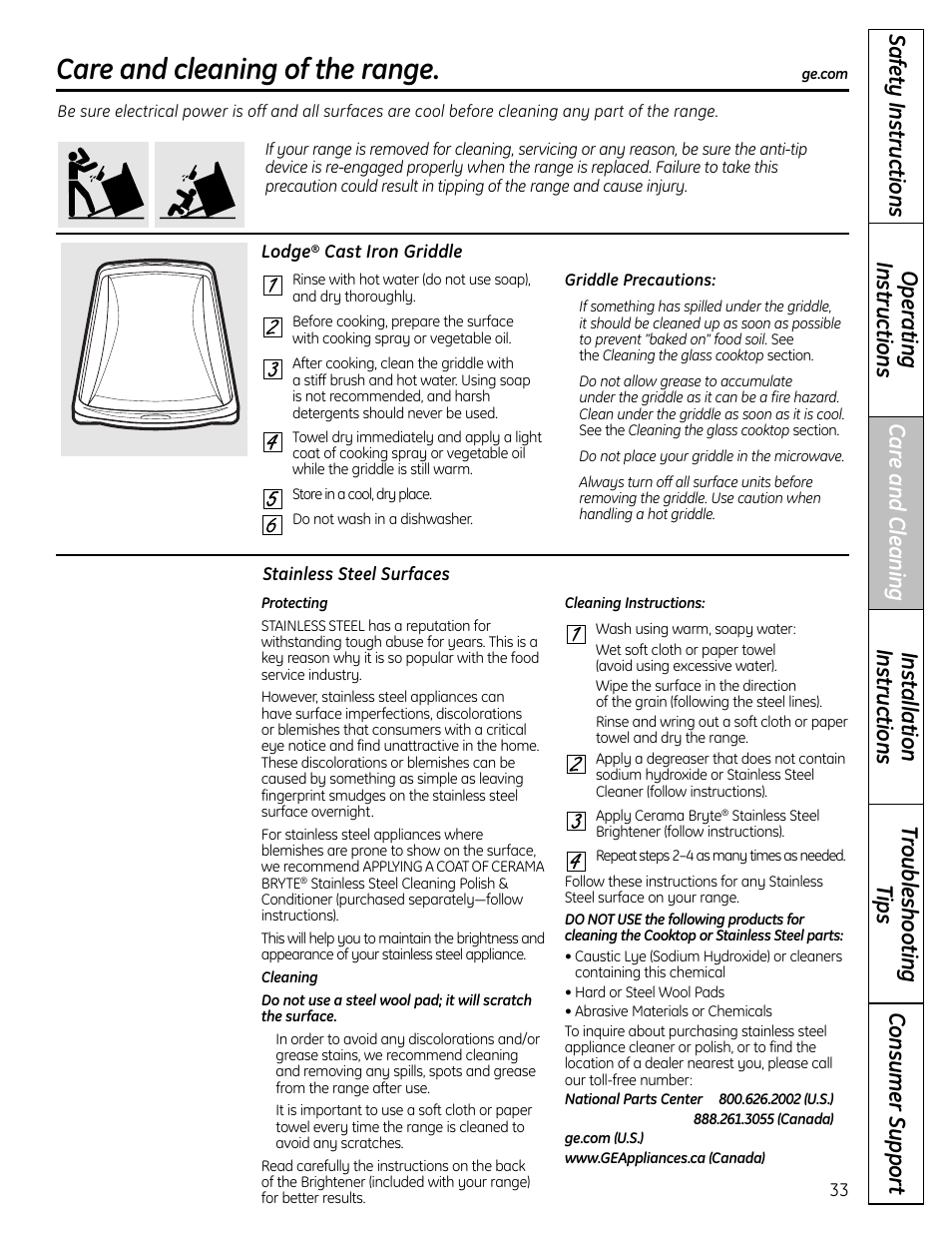 Griddle, Stainless steel surfaces, Care and cleaning of the range | GE CS980 User Manual | Page 33 / 60