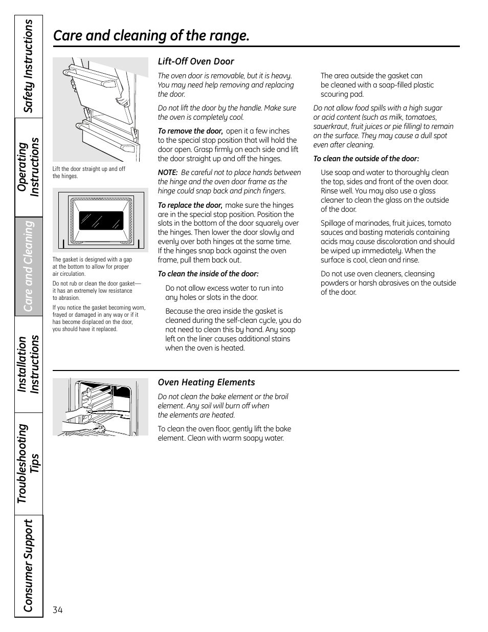 Lift-off oven door, Oven heating elements, Care and cleaning of the range | GE CS980 User Manual | Page 34 / 60