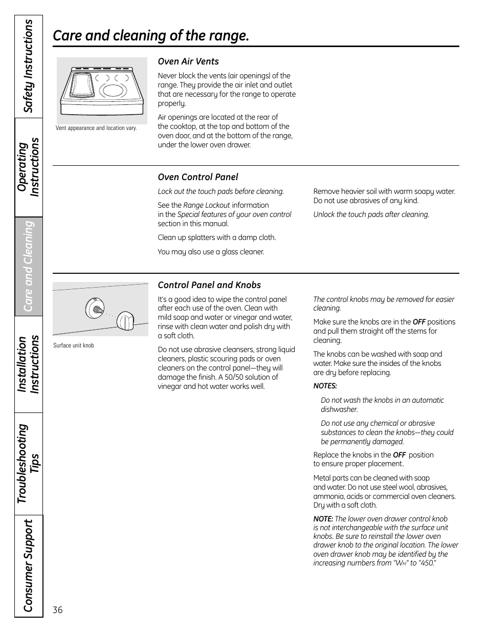 Control panel and knobs, Oven air vents, Care and cleaning of the range | GE CS980 User Manual | Page 36 / 60