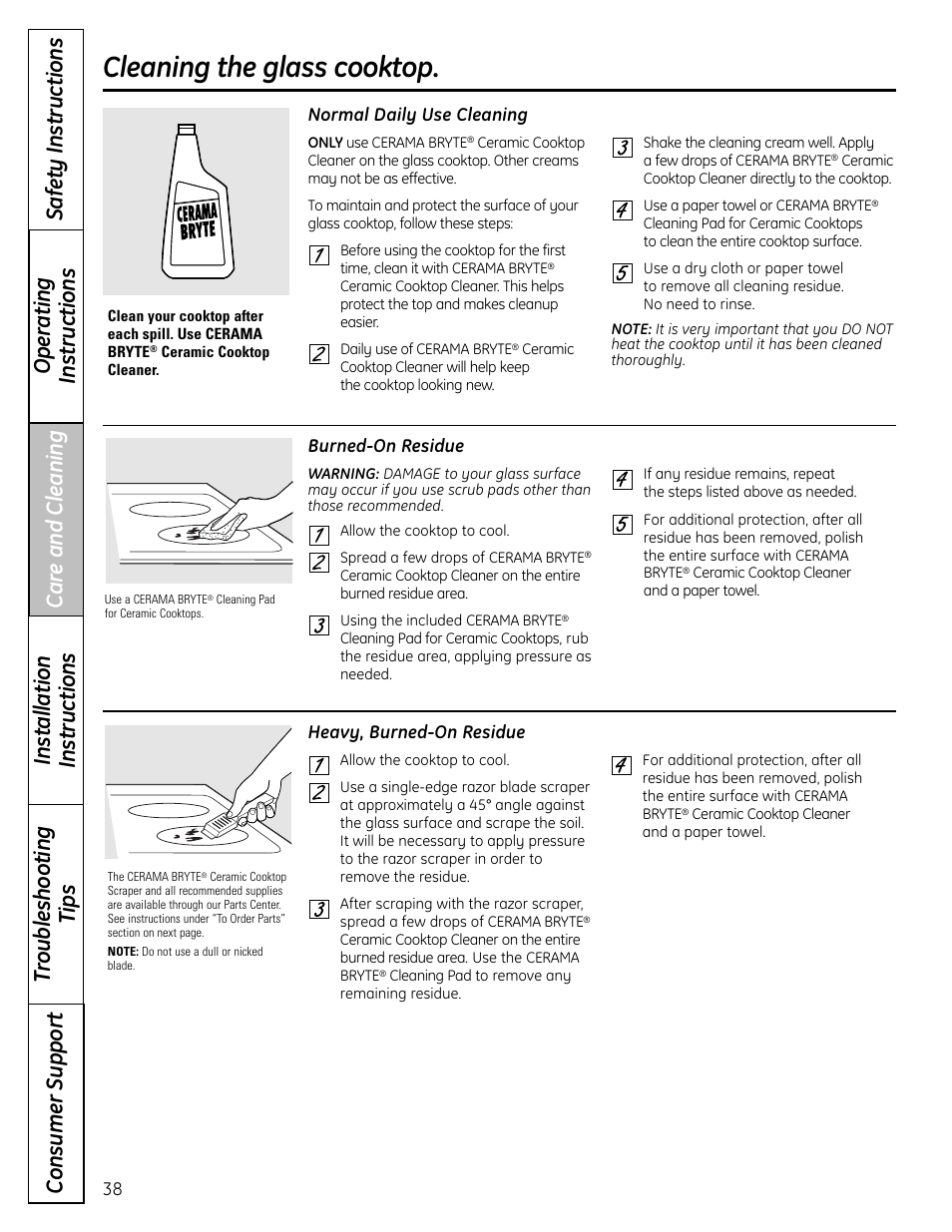 Glass cooktop surface, Glass cooktop surface , 39, Cleaning the glass cooktop | GE CS980 User Manual | Page 38 / 60