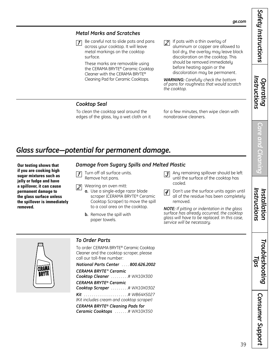 Glass surface—potential for permanent damage | GE CS980 User Manual | Page 39 / 60