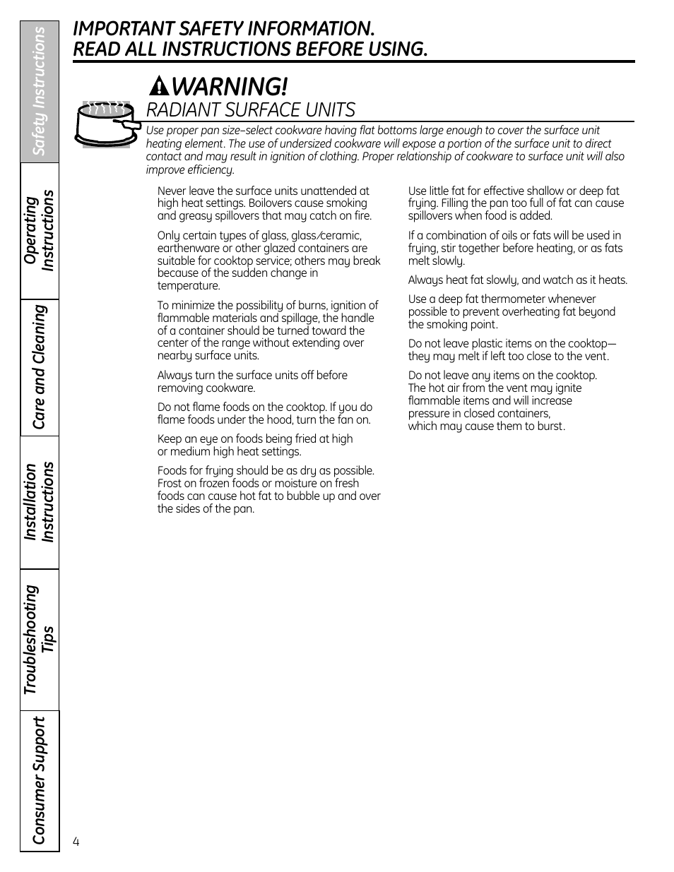 Warning, Radiant surface units | GE CS980 User Manual | Page 4 / 60