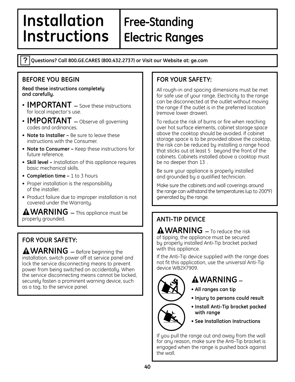 Installation instructions, Safety instructions, Installation | Instructions, Free-standing, Electric ranges, Important, Warning | GE CS980 User Manual | Page 40 / 60