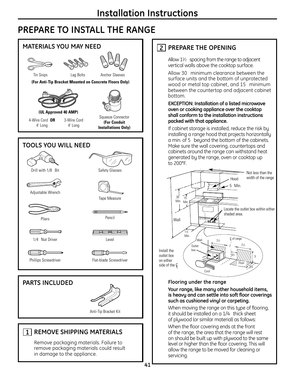 Dimensions andclearances, Location guidelines, Dimensions and clearances | Tools you will need materials you may need, Parts included, Remove shipping materials, 1prepare the opening, Allow 1 | GE CS980 User Manual | Page 41 / 60
