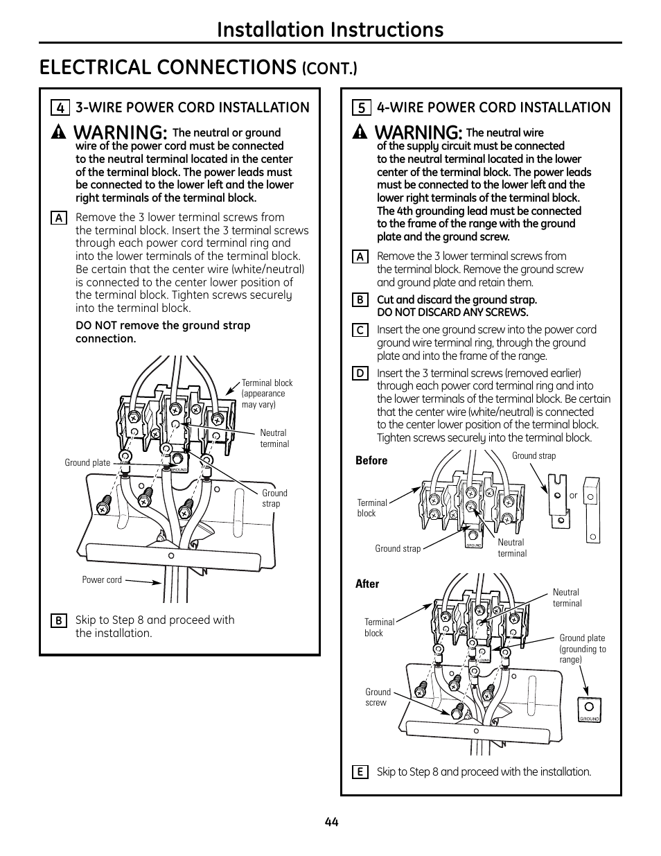 Electrical connections, Installation instructions, Warning | Cont.) | GE CS980 User Manual | Page 44 / 60