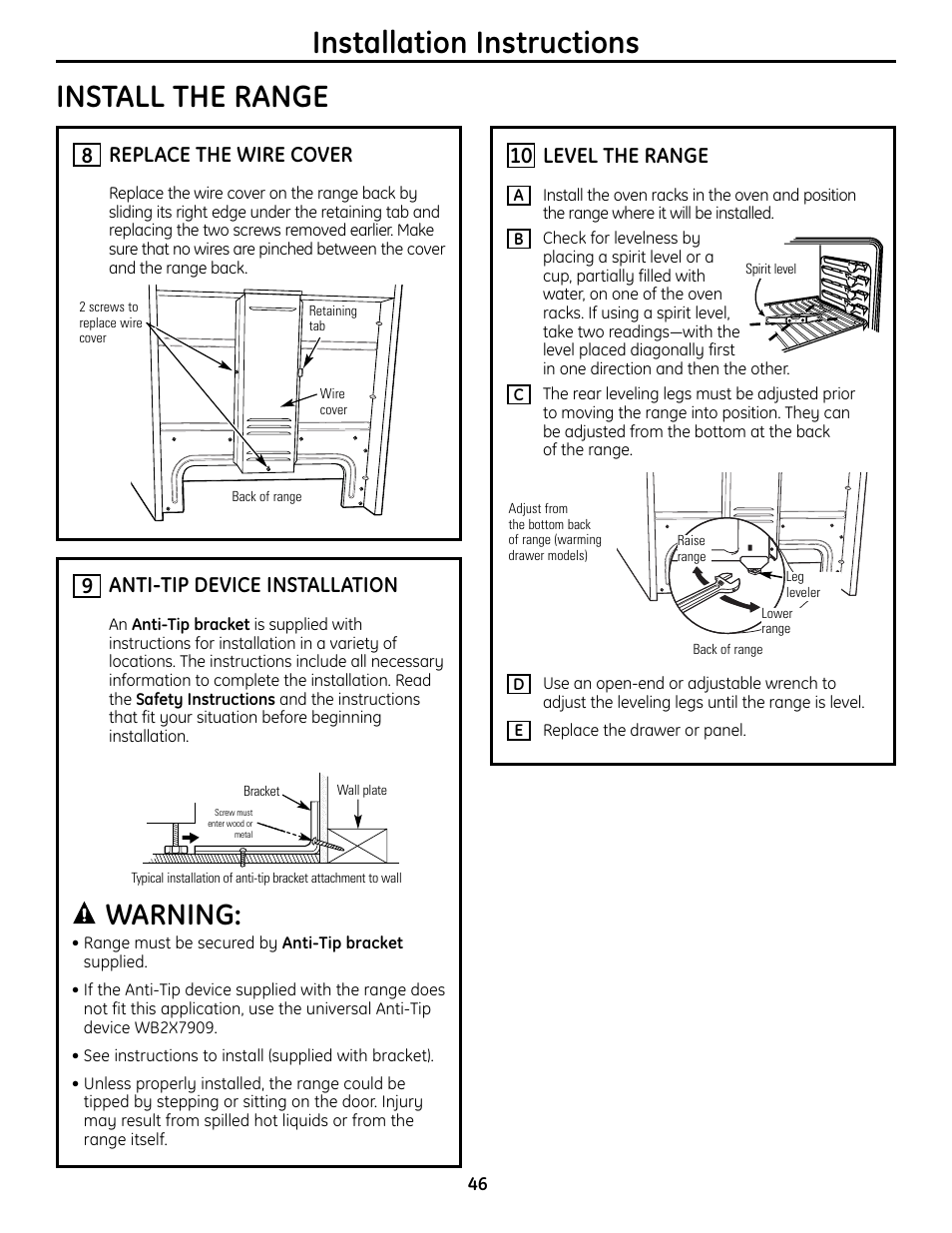 Anti-tip device, Level the range, Installation instructions install the range | Warning, Anti-tip device installation, Replace the wire cover, 8level the range | GE CS980 User Manual | Page 46 / 60