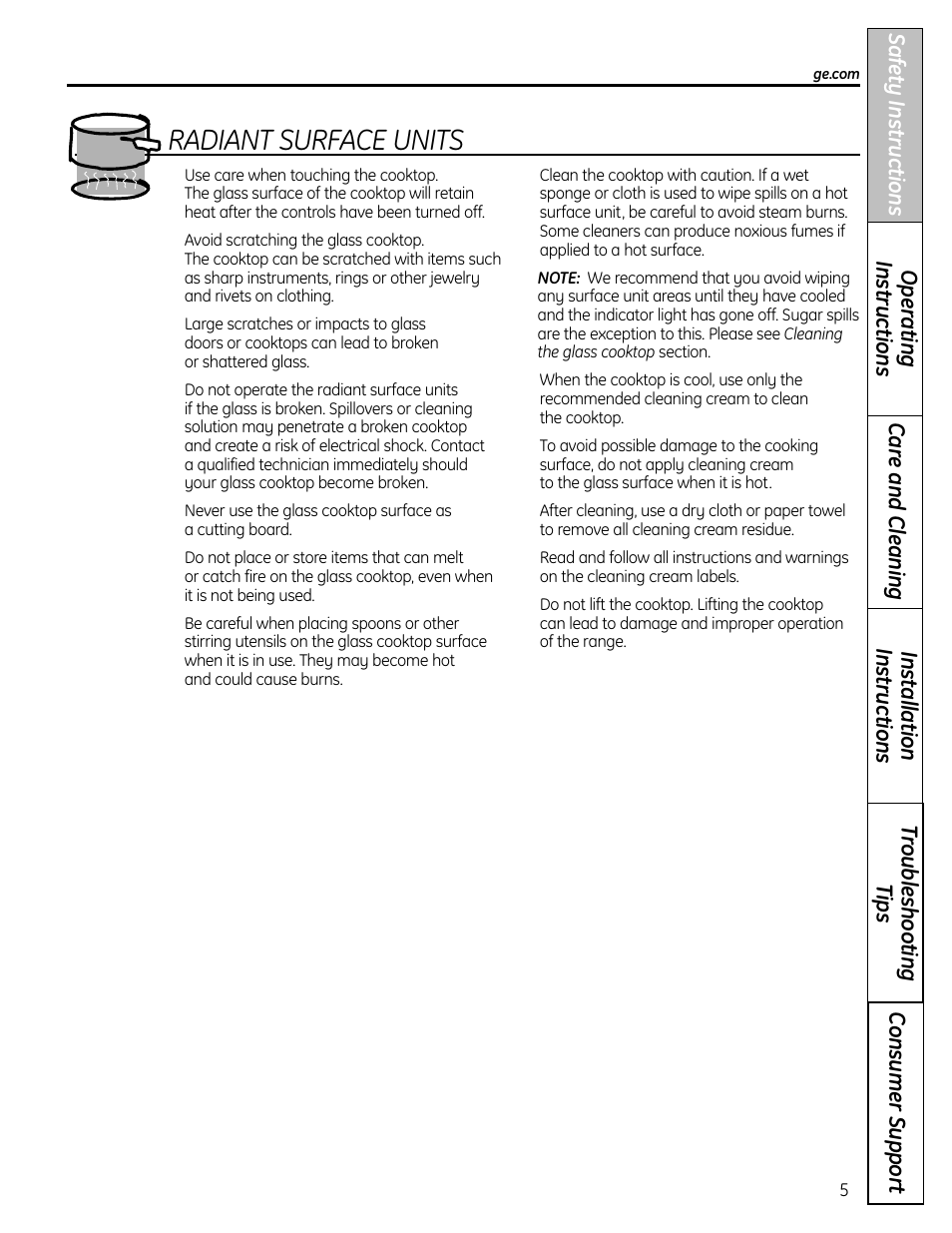 Radiant surface units | GE CS980 User Manual | Page 5 / 60