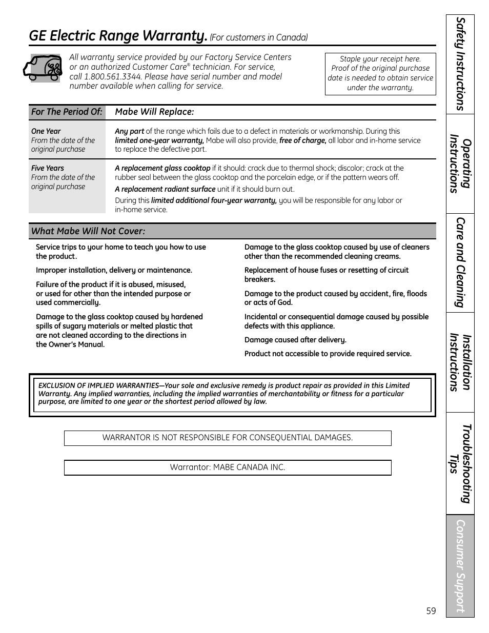 Warranty for customersin canada, Warranty for customers in canada, Ge electric range warranty | GE CS980 User Manual | Page 59 / 60