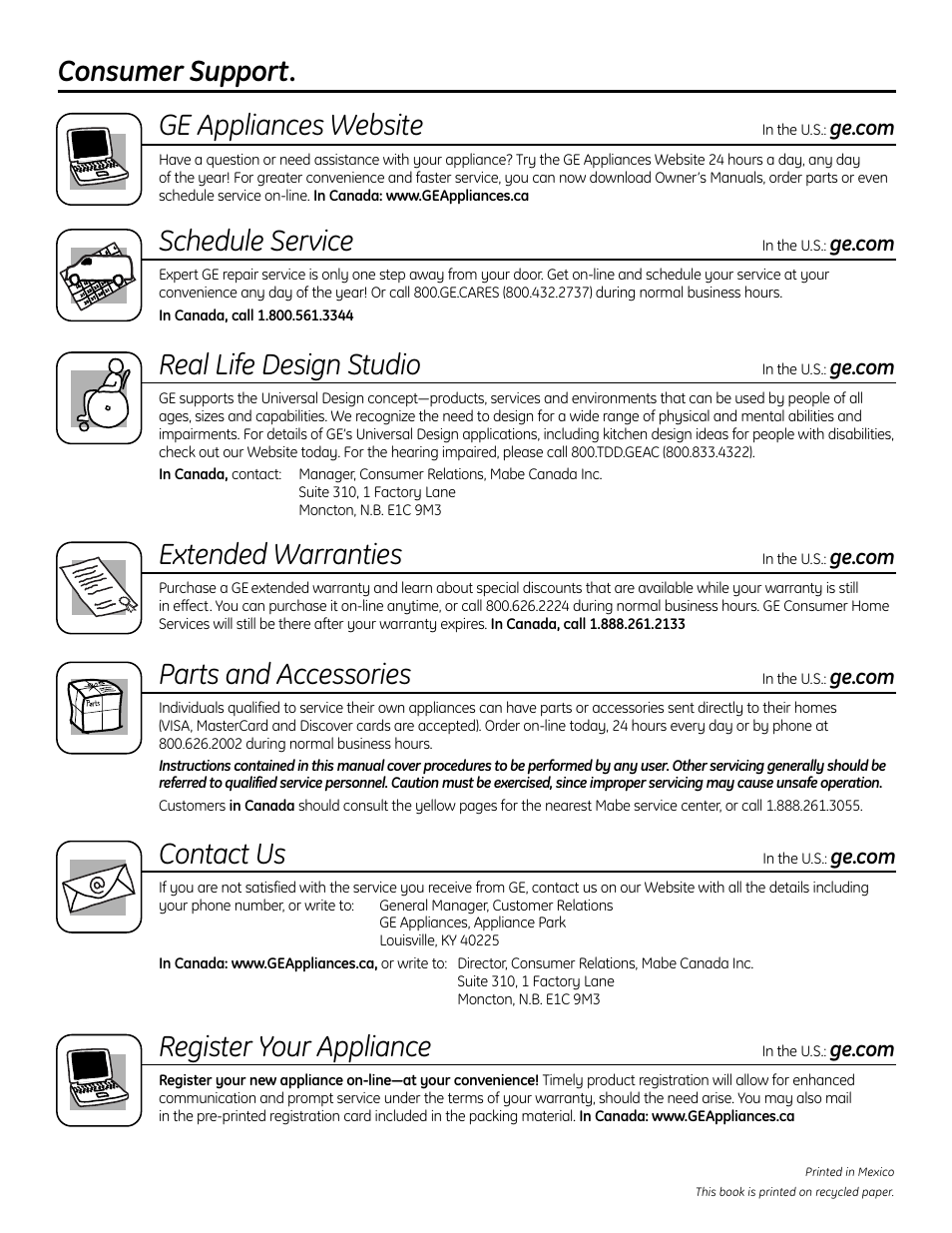 Consumersupport, Consumer support. ge appliances website, Schedule service | Real life design studio, Extended warranties, Parts and accessories, Contact us, Register your appliance | GE CS980 User Manual | Page 60 / 60