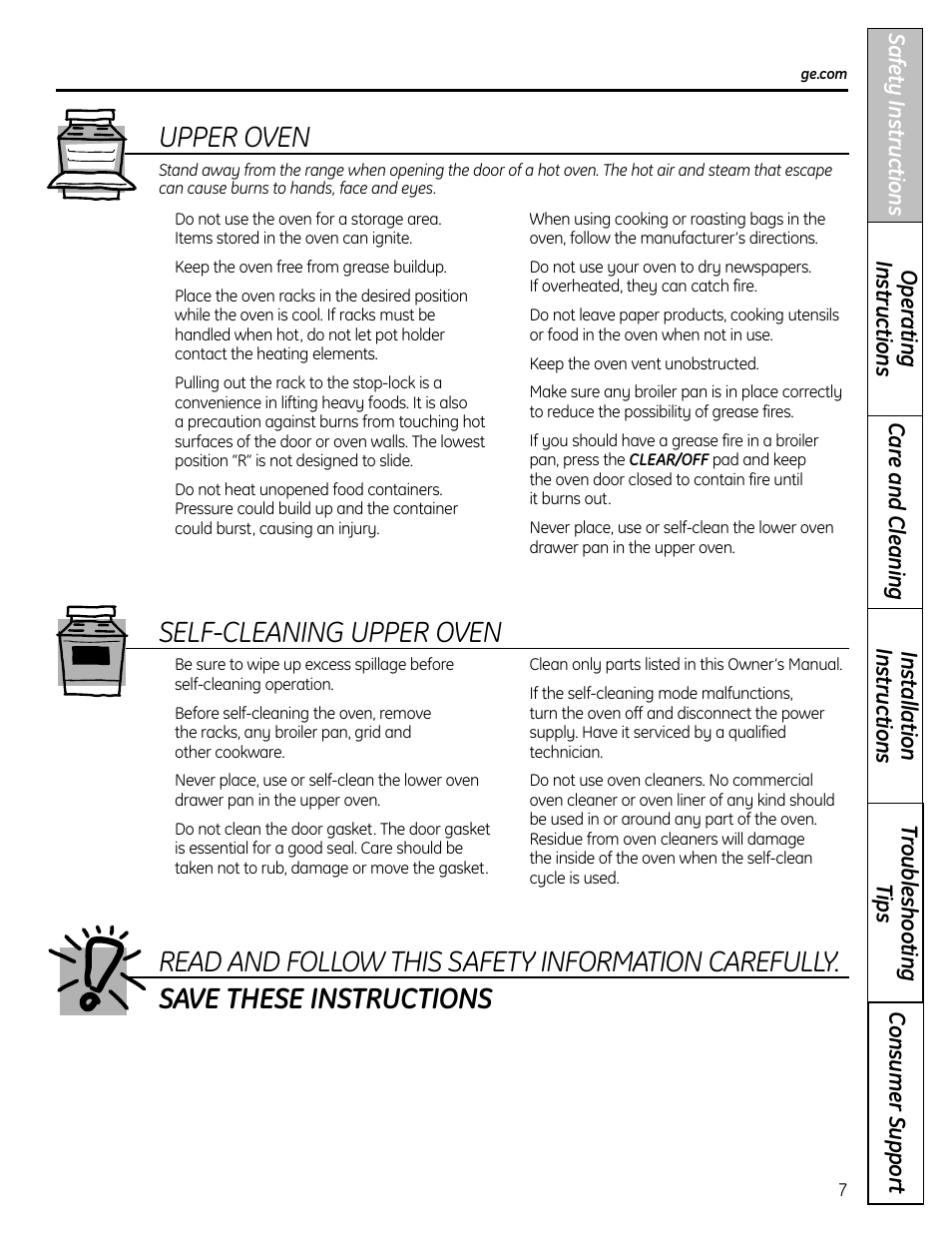 Self-cleaning upper oven, Upper oven | GE CS980 User Manual | Page 7 / 60