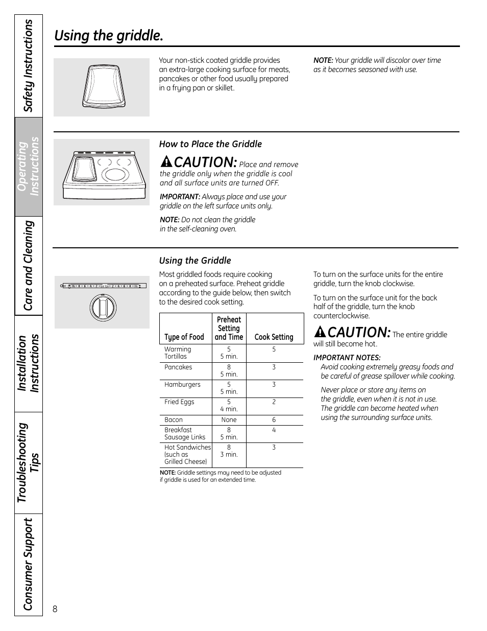 Griddle, Griddle –9, Using the griddle. caution | Caution | GE CS980 User Manual | Page 8 / 60