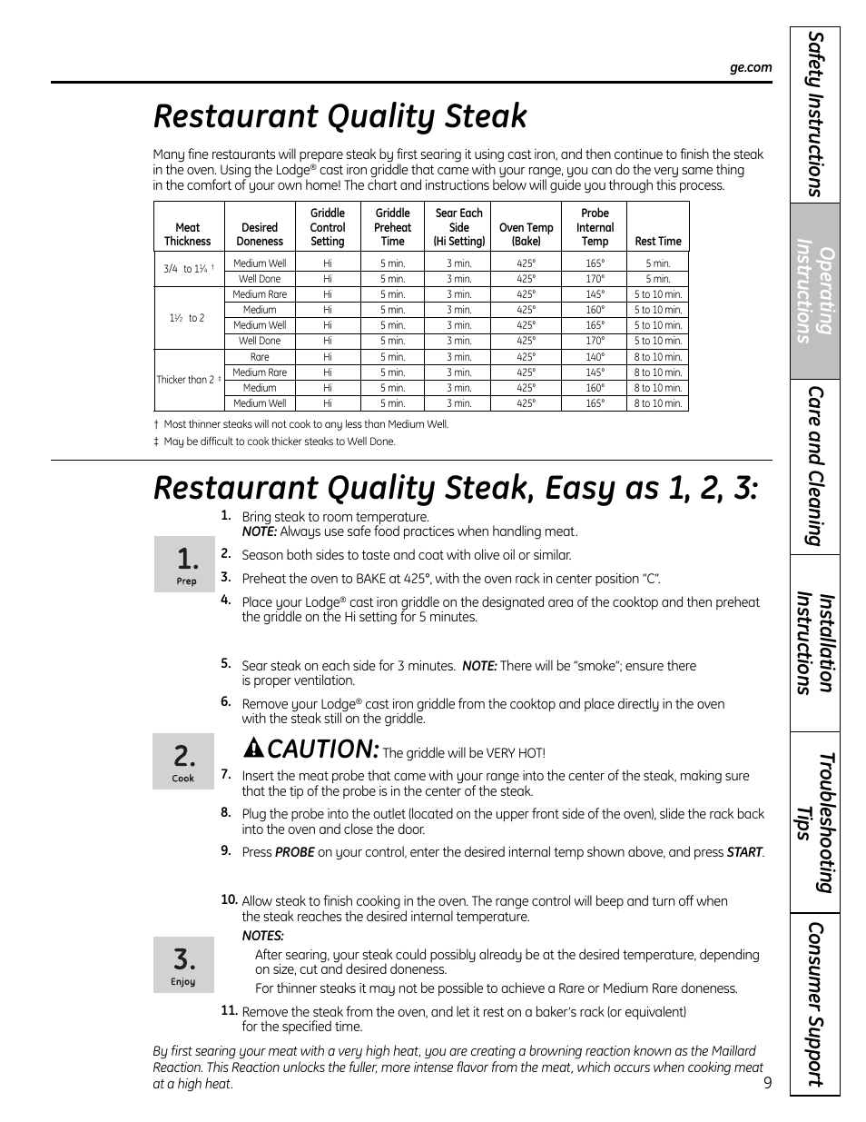Restaurant quality steak, Restaurant quality steak, easy as 1, 2, 3, Caution | GE CS980 User Manual | Page 9 / 60