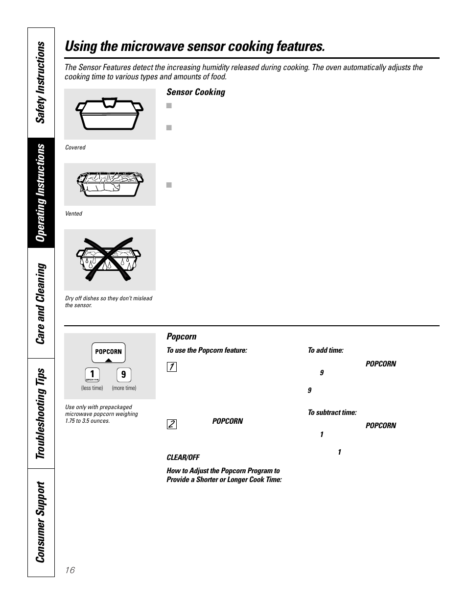 Sensor controls, Sensor controls , 17, Using the microwave sensor cooking features | GE JKP8627 User Manual | Page 16 / 44