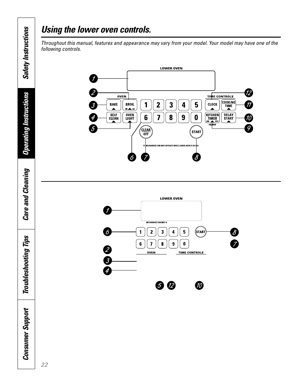 Lower oven control panel, Lower oven controls, Using the lower oven controls | GE JKP8627 User Manual | Page 22 / 44