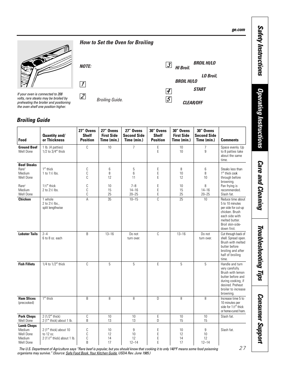 How to set the oven for broiling, Broiling guide | GE JKP8627 User Manual | Page 27 / 44