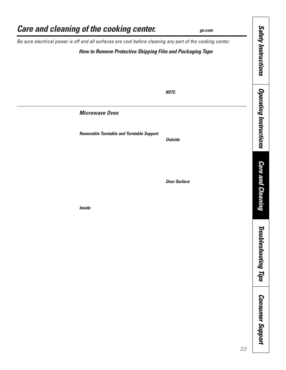 Care and cleaning, Microwave oven, Care and cleaning of the cooking center | GE JKP8627 User Manual | Page 33 / 44