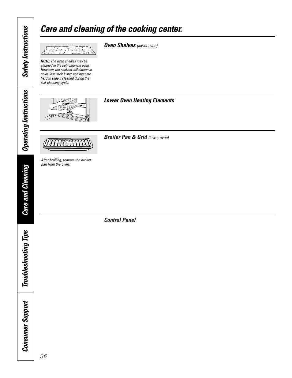 Broiler pan and grid, Shelves, Care and cleaning of the cooking center | GE JKP8627 User Manual | Page 36 / 44