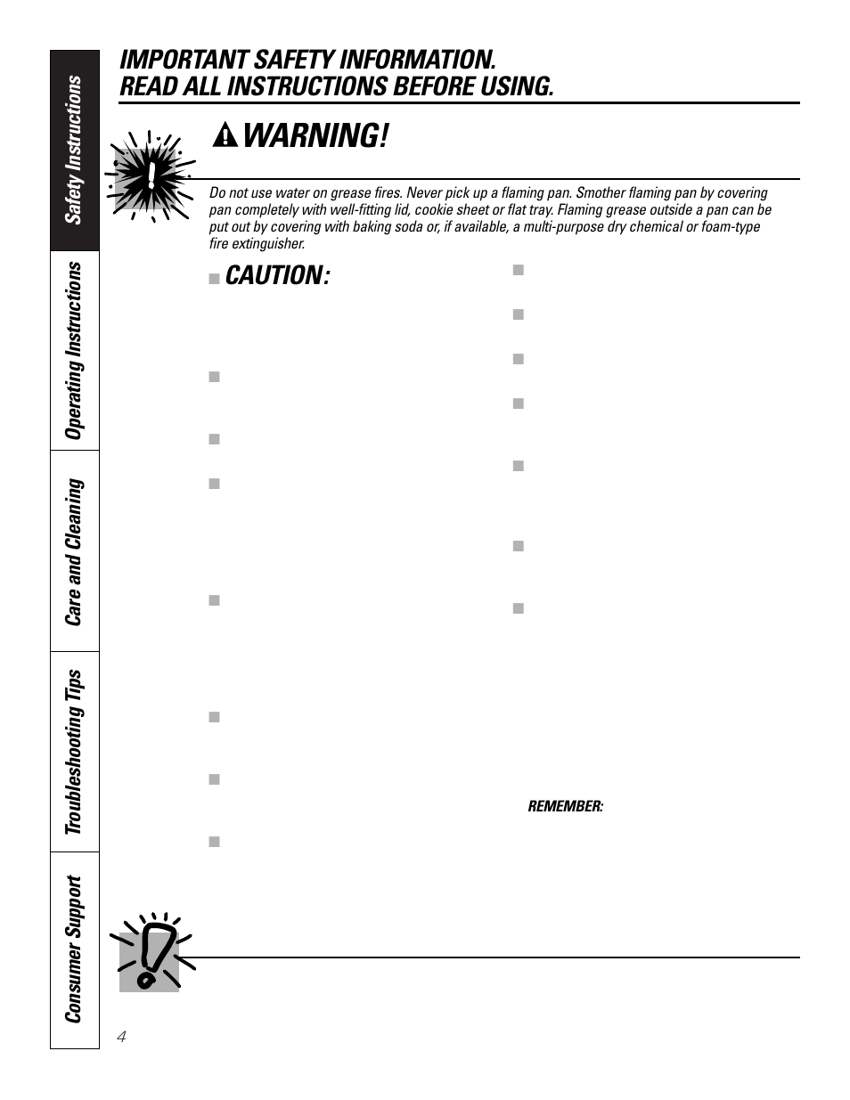 Warning, Safety precautions, Caution | Cook meat and poultry thoroughly | GE JKP8627 User Manual | Page 4 / 44