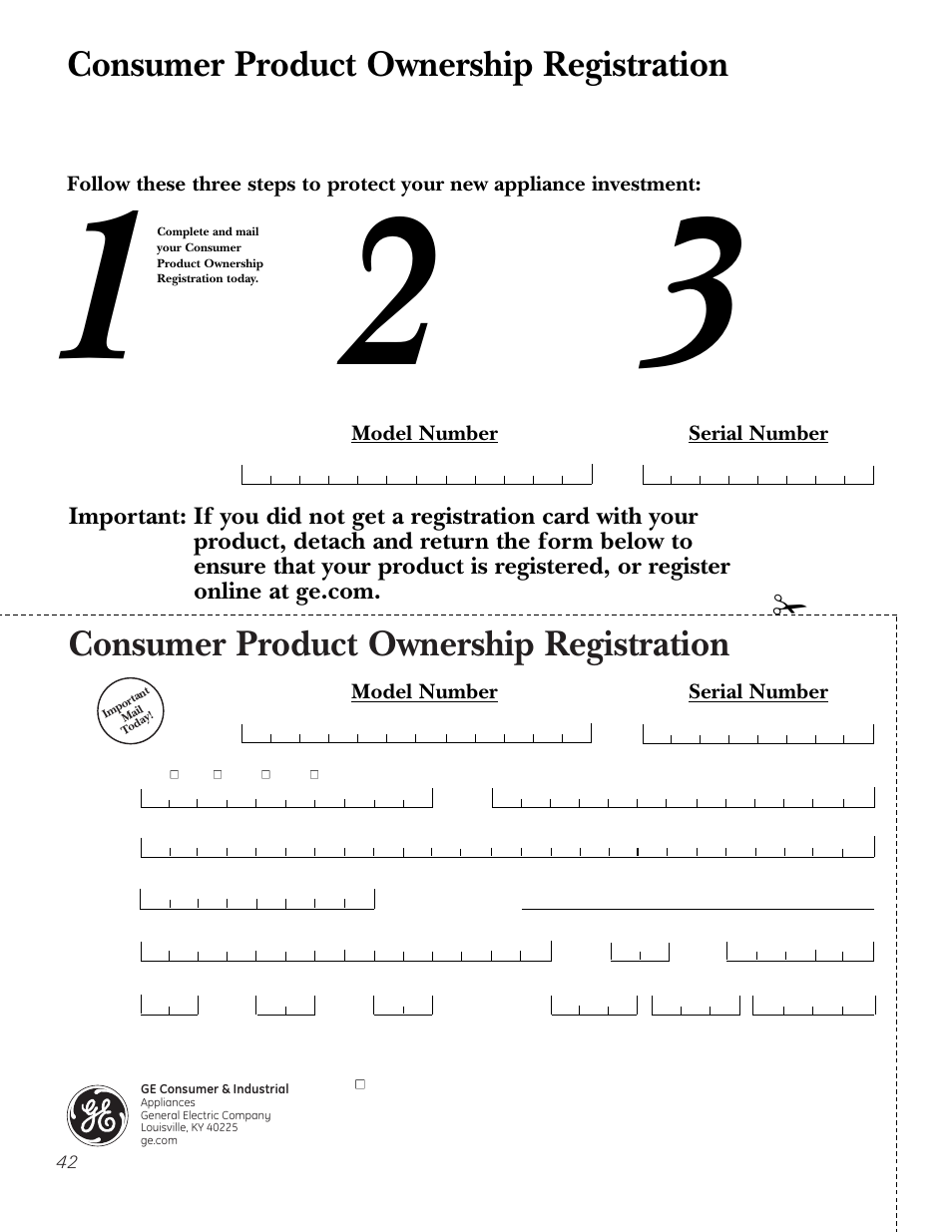 Consumer product ownership registration, Model number serial number | GE JKP8627 User Manual | Page 42 / 44