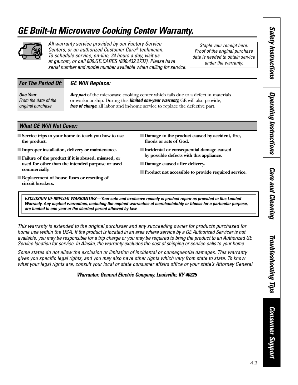 Warranty, Ge built-in microwave cooking center warranty | GE JKP8627 User Manual | Page 43 / 44