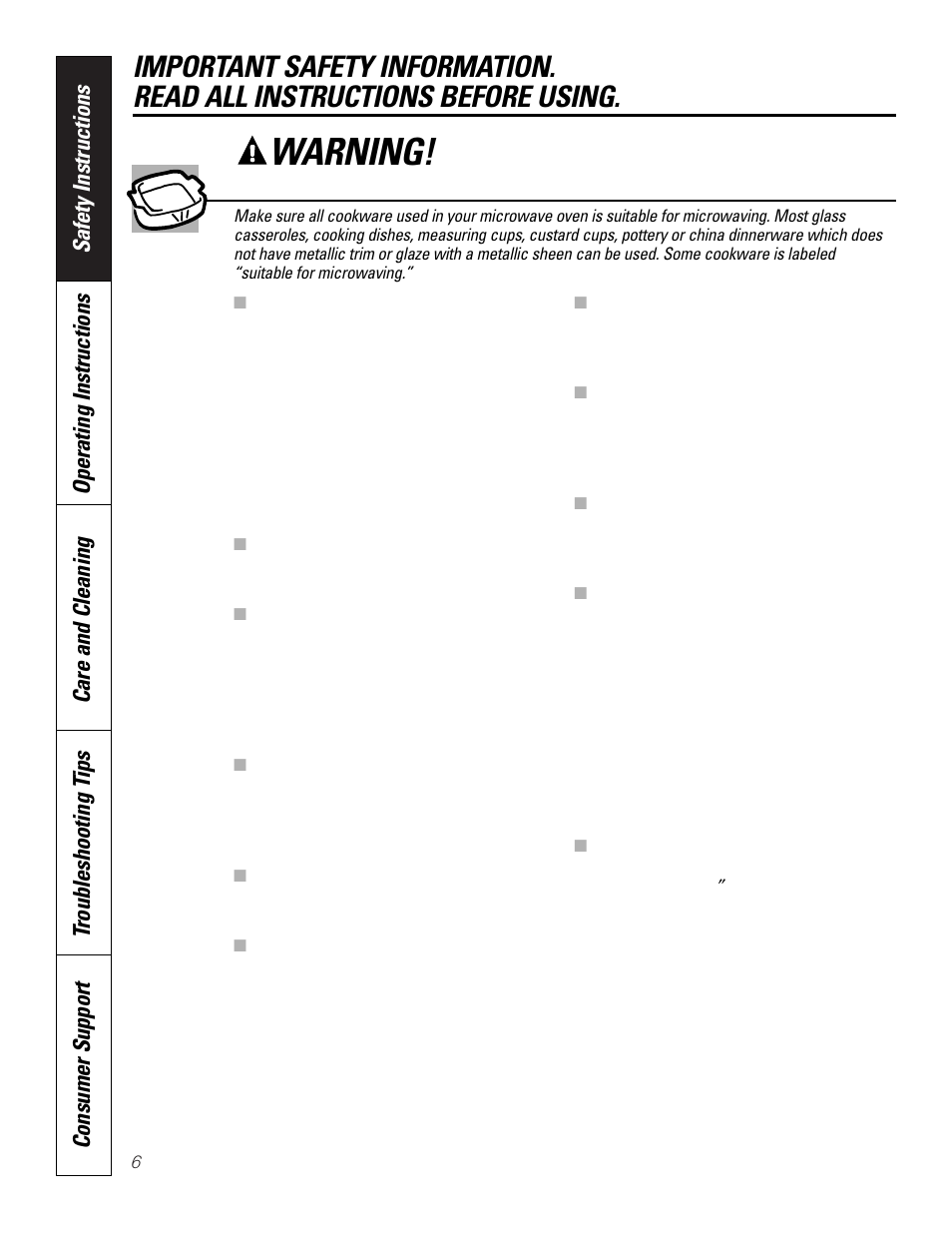 Warning, Microwave-safe cookware | GE JKP8627 User Manual | Page 6 / 44