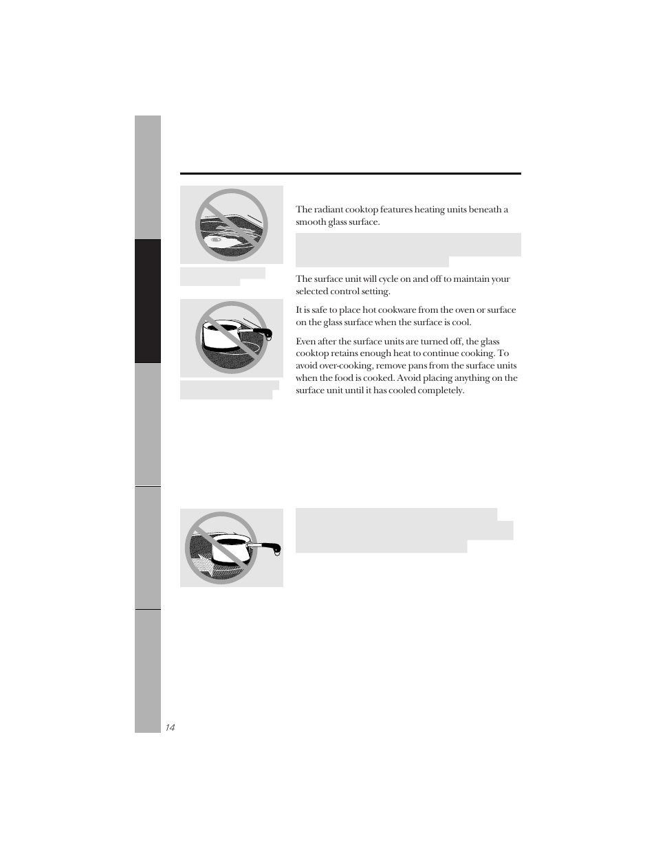 Using the surface units, About the radiant surface units, Do not use the surface as a cutting board | GE 164D3333P071 User Manual | Page 14 / 48