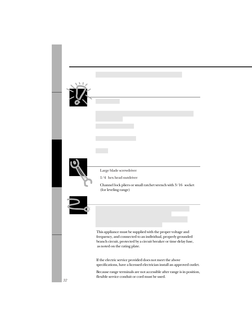 Before you begin, Installation of the range, Tools you will need electrical requirements | GE 164D3333P071 User Manual | Page 32 / 48