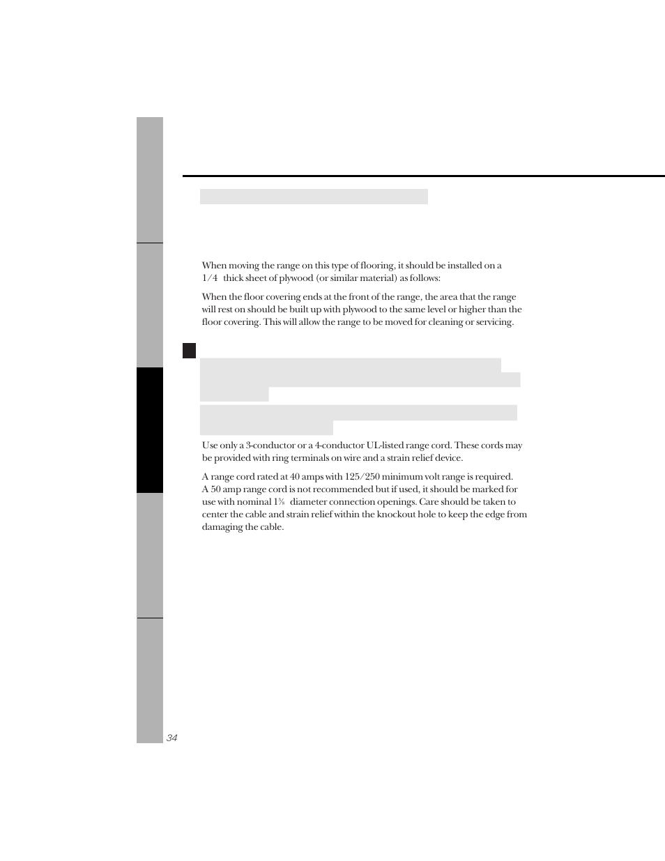 Flooring, Electrical connection, Flooring electrical connection –39 | Installation of the range | GE 164D3333P071 User Manual | Page 34 / 48