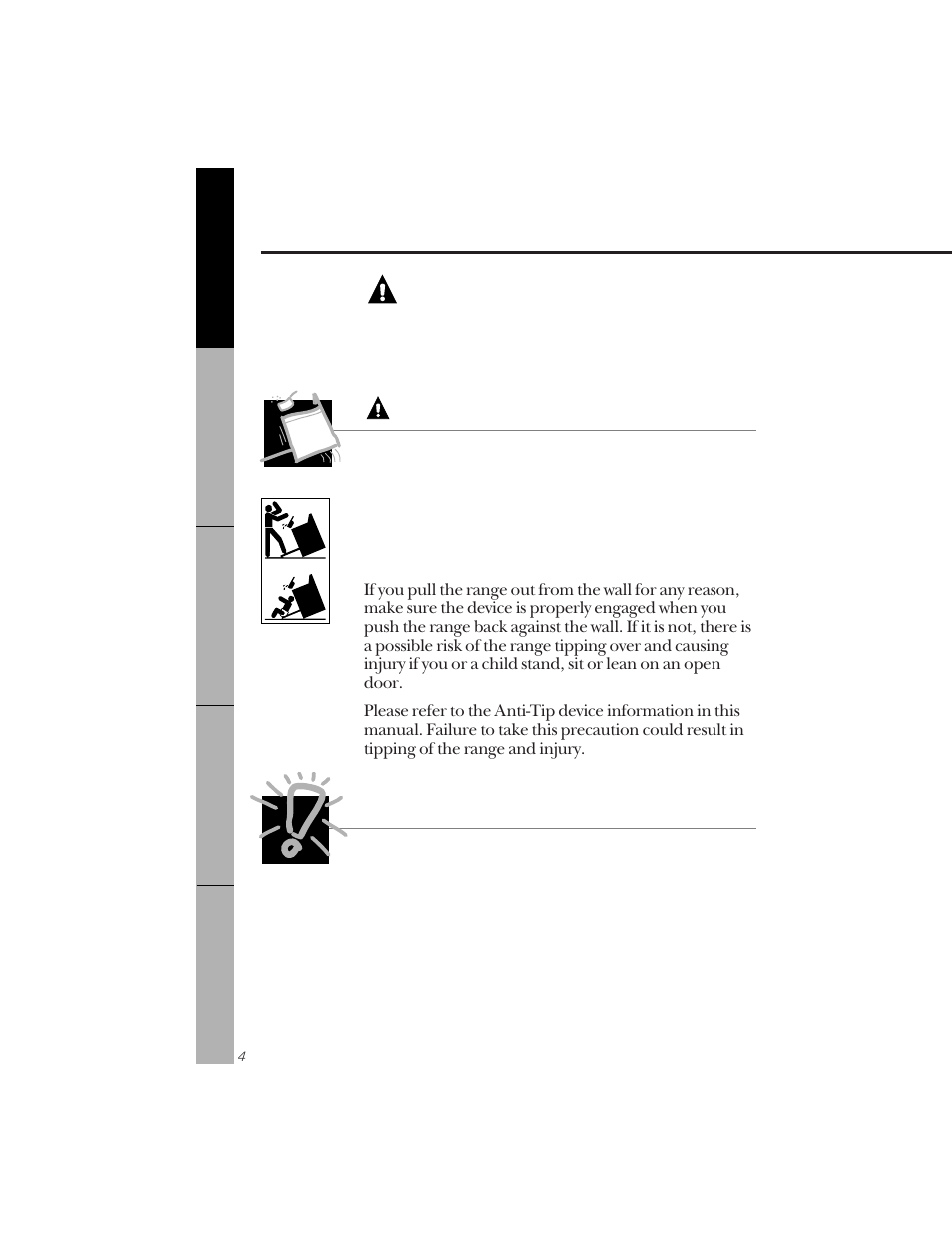 Anti-tip device, Warning, Anti-tip device important safety notice | GE 164D3333P071 User Manual | Page 4 / 48