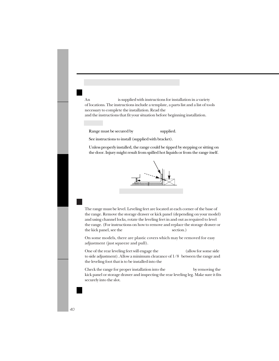 Anti-tip bracket, Leveling, Anti-tip bracket leveling | Installation of the range | GE 164D3333P071 User Manual | Page 40 / 48