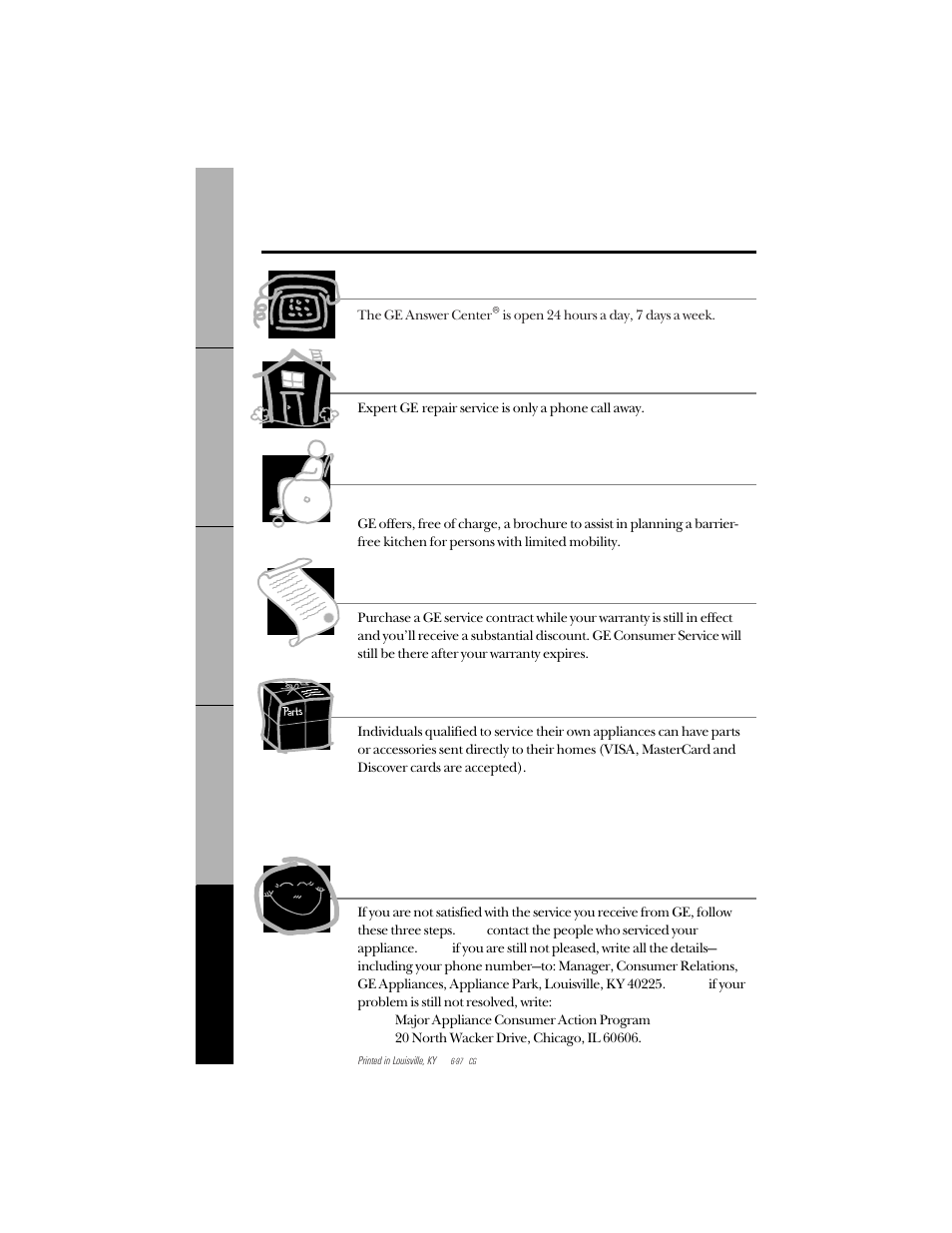 Service telephone numbers, Ge answer center, In-home repair service | Special needs service, Service contracts, Parts and accessories, Service satisfaction | GE 164D3333P071 User Manual | Page 48 / 48