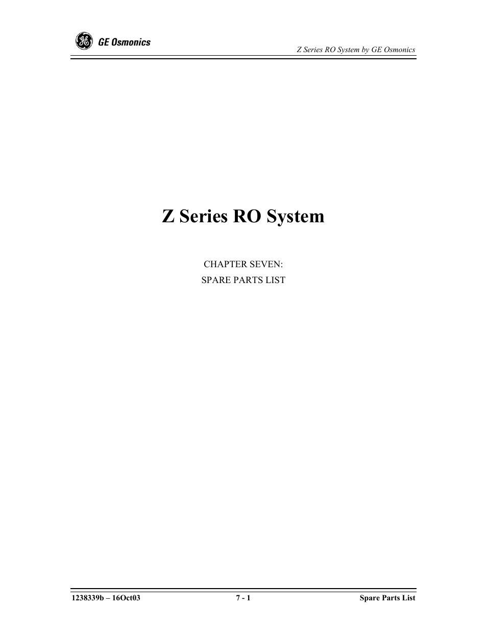 Chapter seven, Spare parts list, Z series ro system | GE Z-14400 User Manual | Page 121 / 128