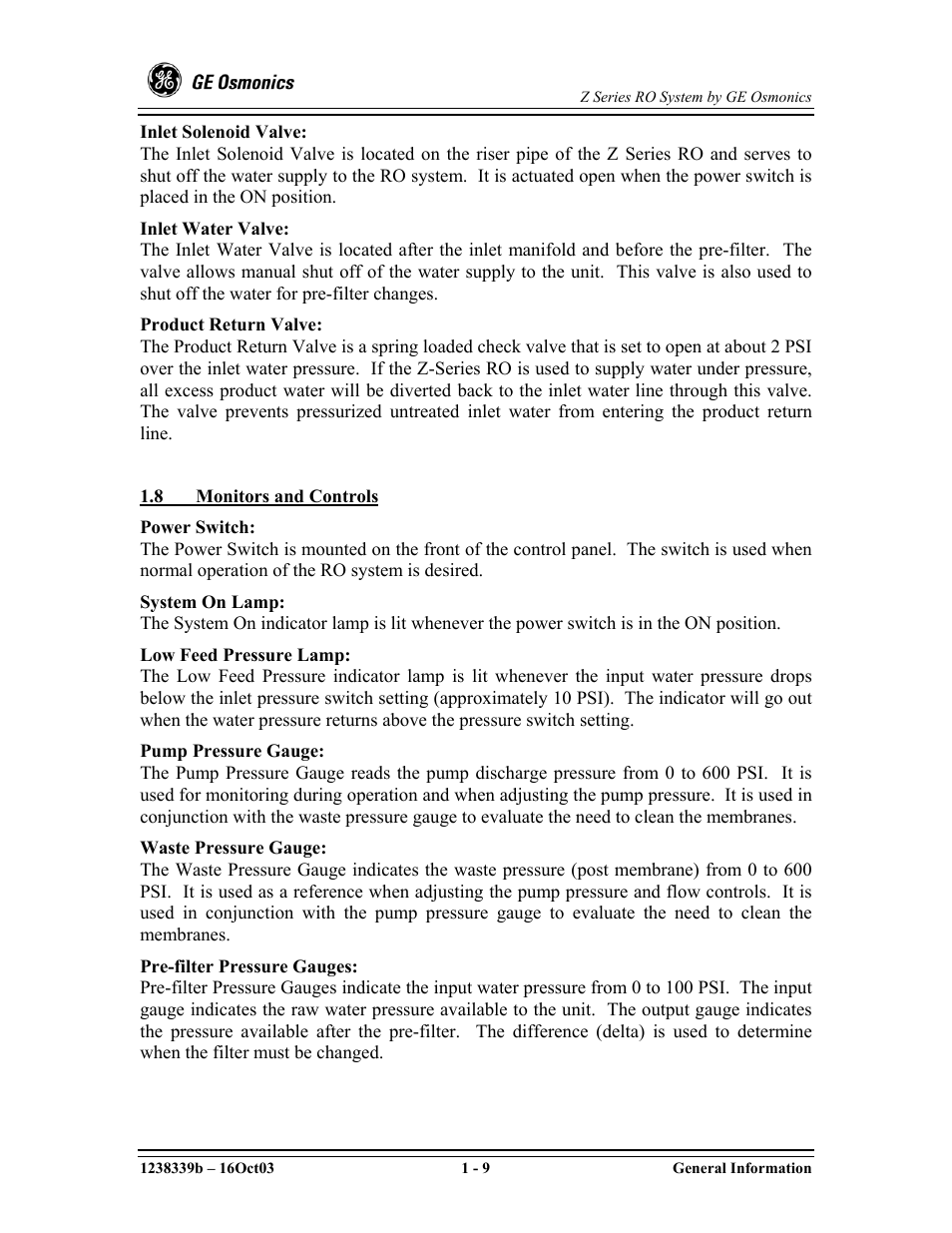 8monitors and controls | GE Z-14400 User Manual | Page 15 / 128