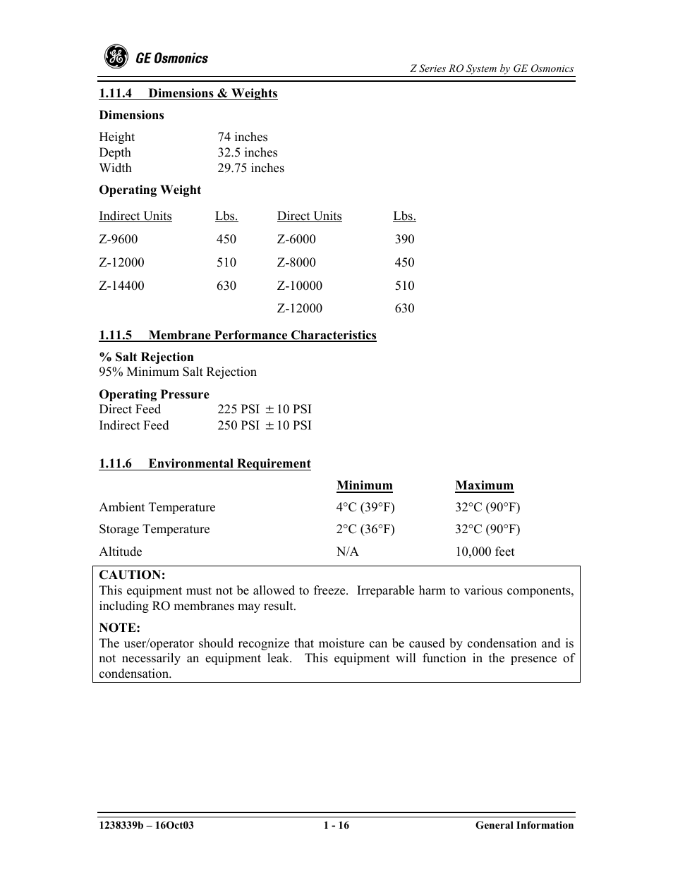 Dimensions, Height74 inches, Width29.75 inches | Operating weight, Operating pressure, Direct feed225 psi (10 psi | GE Z-14400 User Manual | Page 22 / 128