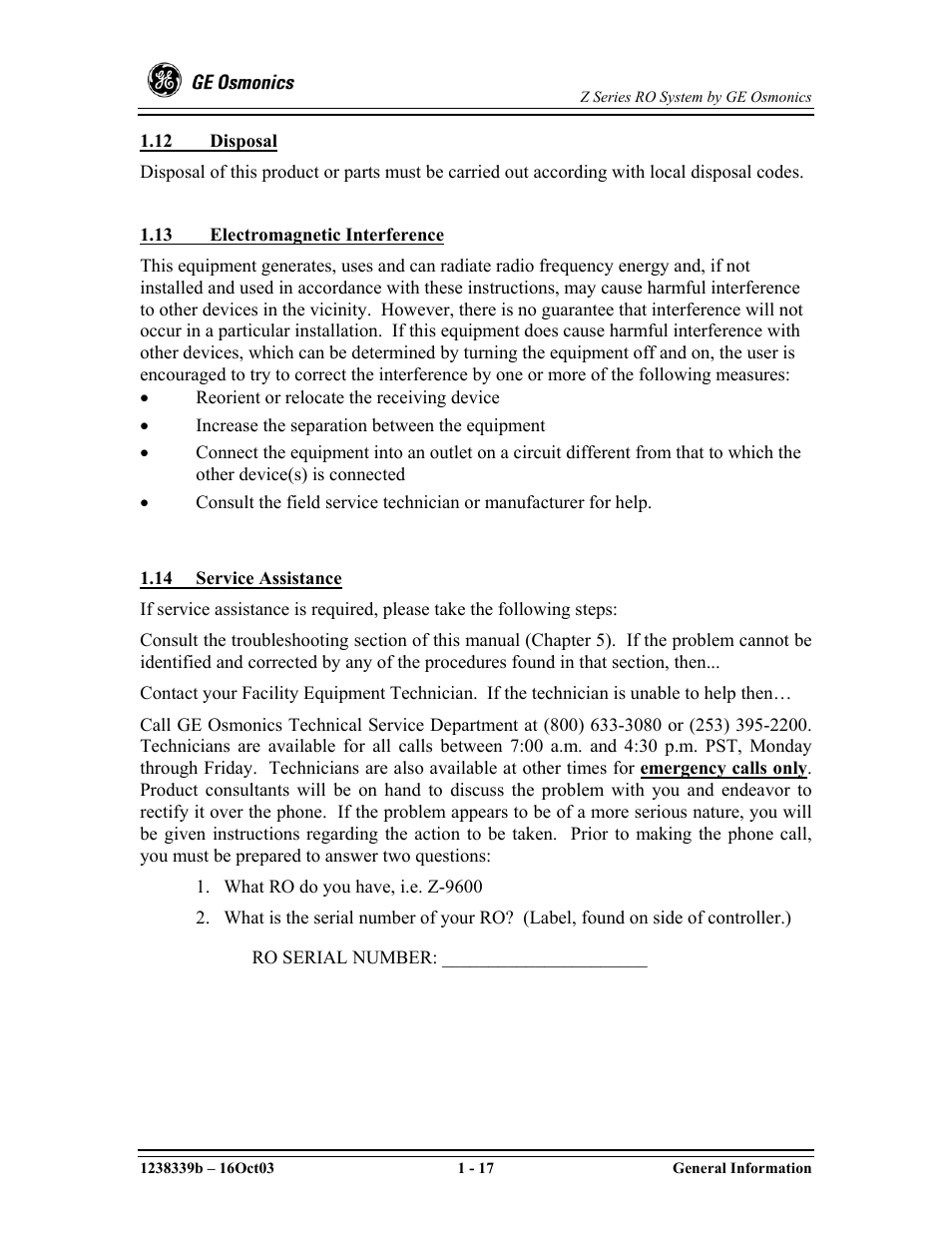 Ro serial number | GE Z-14400 User Manual | Page 23 / 128