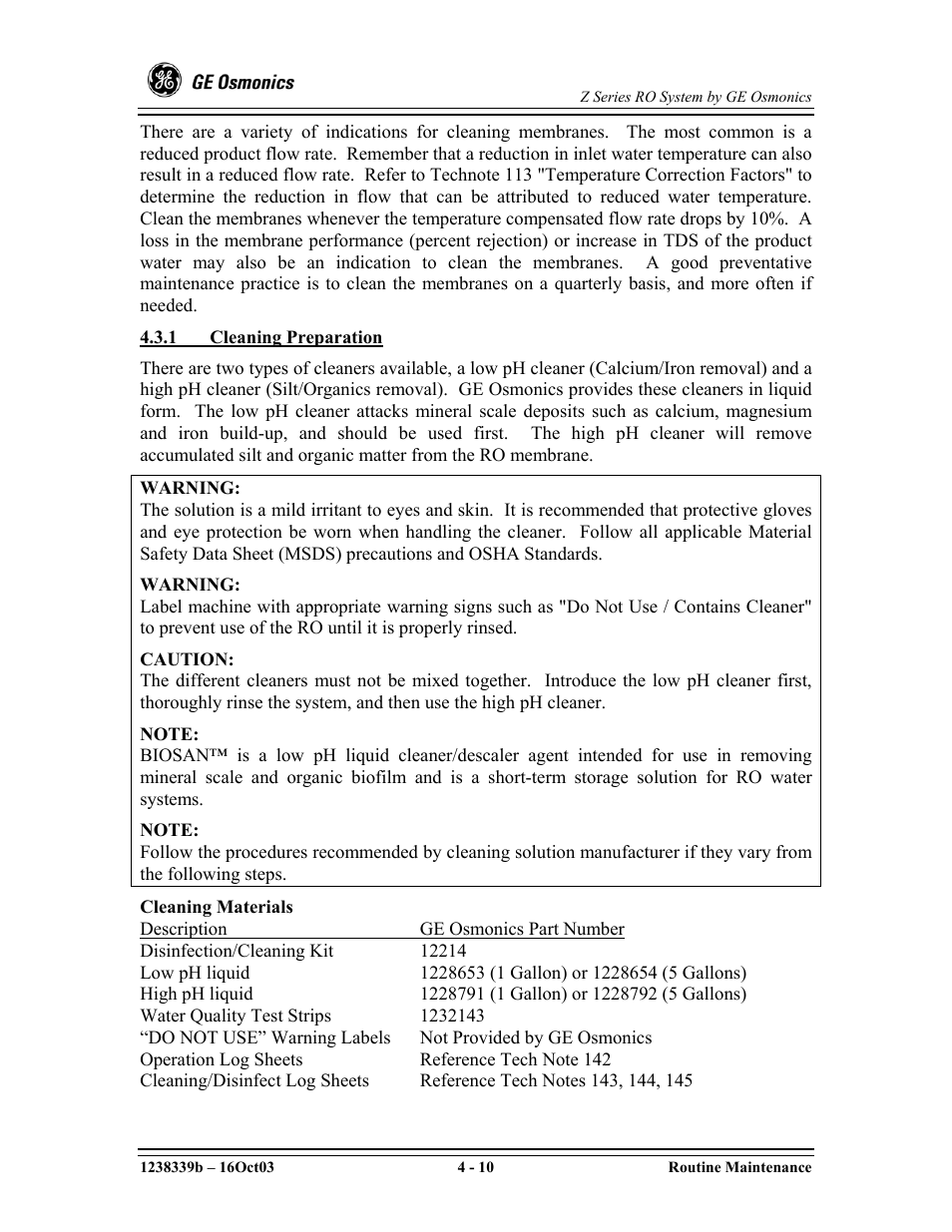 Cleaning materials | GE Z-14400 User Manual | Page 54 / 128