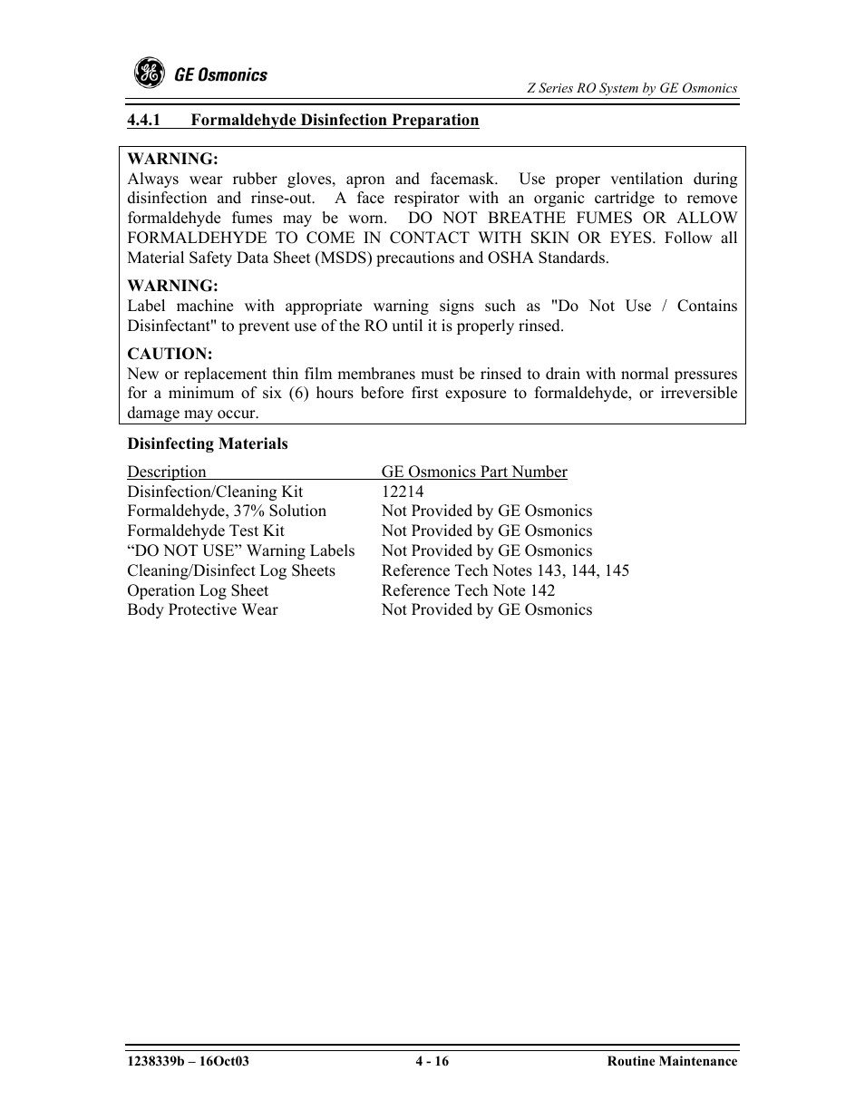 Disinfecting materials, Disinfection/cleaning kit 12214 | GE Z-14400 User Manual | Page 60 / 128