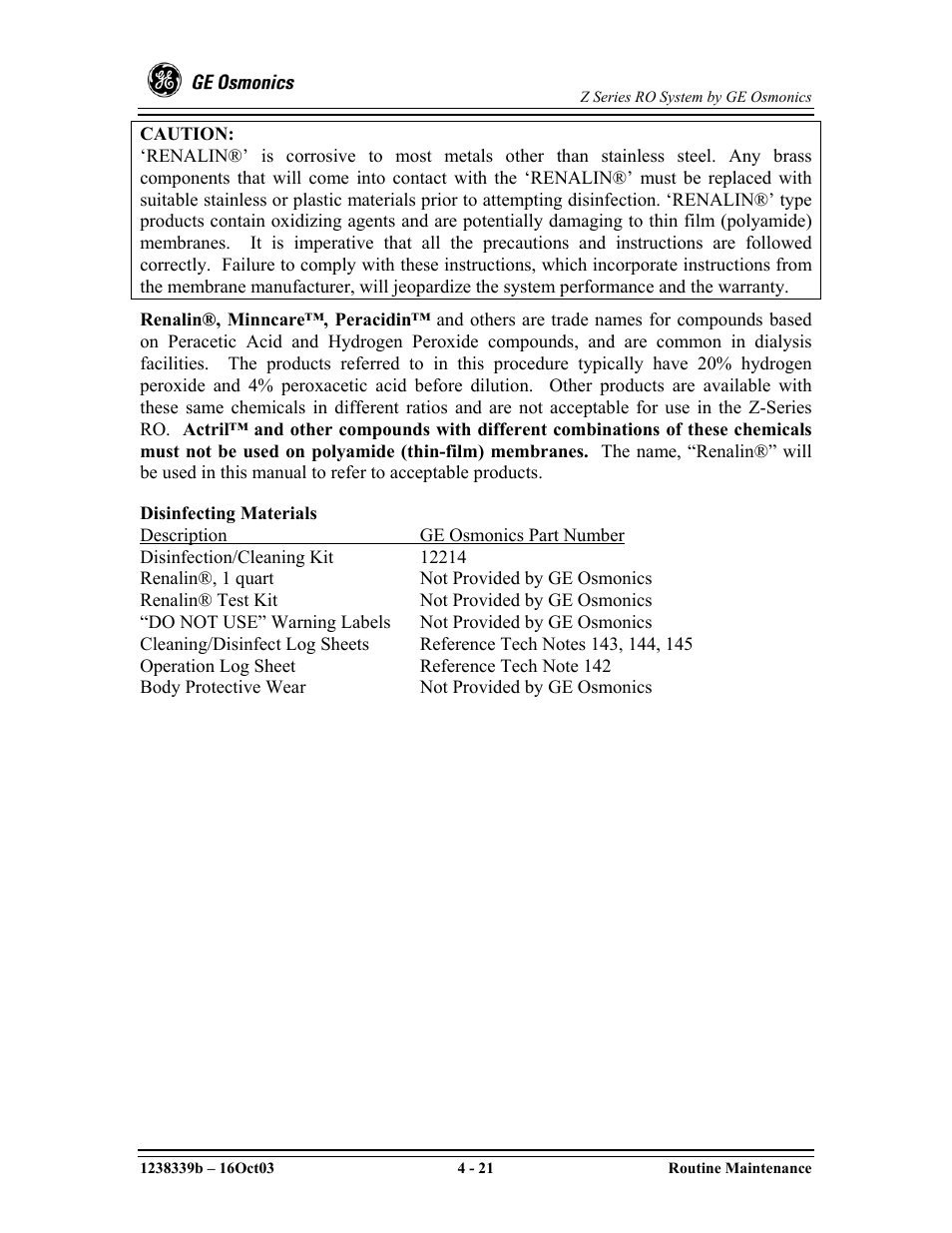 Disinfecting materials, Disinfection/cleaning kit 12214, Renalin®, 1 quartnot provided by ge osmonics | GE Z-14400 User Manual | Page 65 / 128