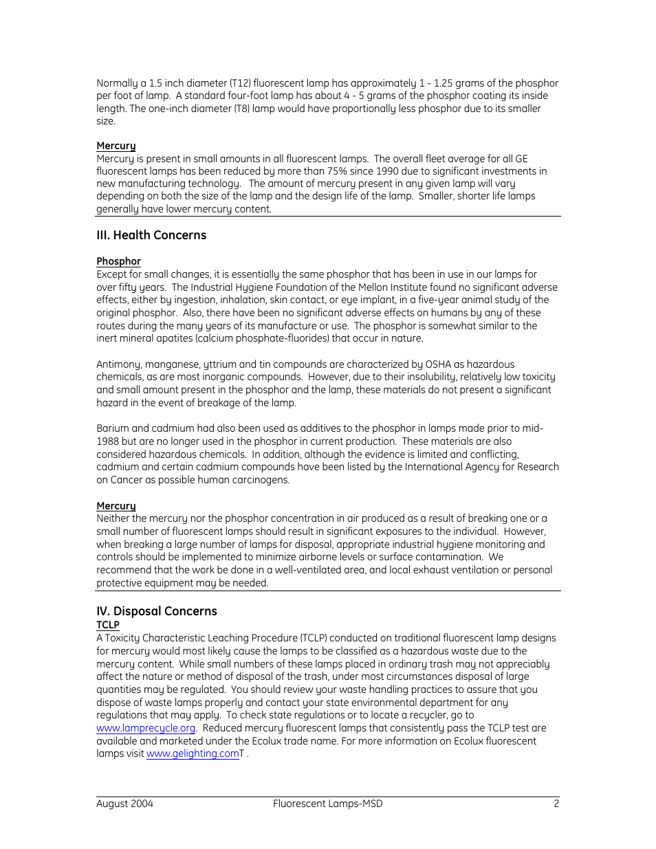 Iii. health concerns, Phosphor, Iv. disposal concerns | GE T8 User Manual | Page 2 / 2