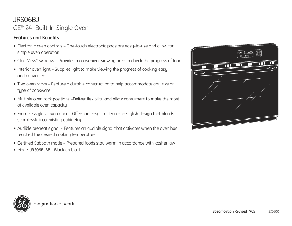 Jrs06bj, 24" built-in single oven | GE JRS06BJ User Manual | Page 2 / 2