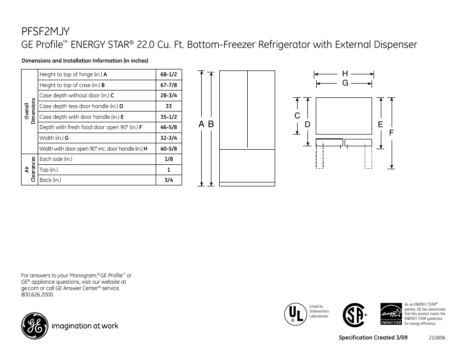 GE Energy Star PFSF2MJY User Manual | 2 pages