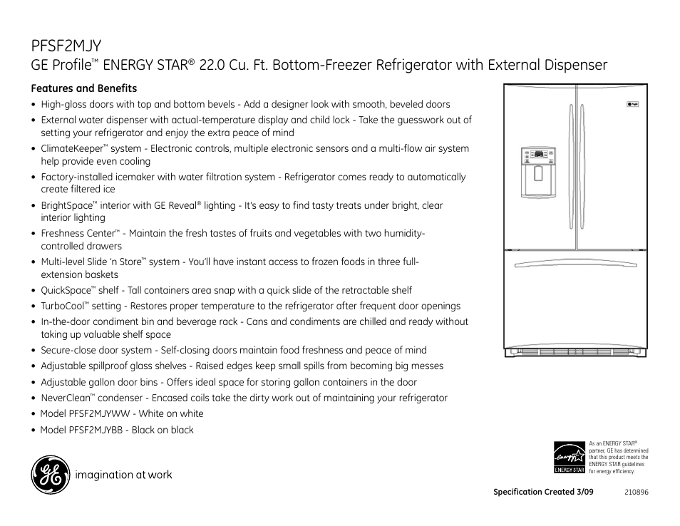 Pfsf2mjy, Ge profile, Energy star | GE Energy Star PFSF2MJY User Manual | Page 2 / 2