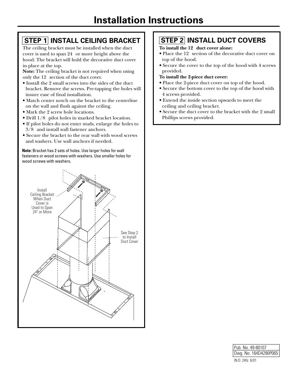 Installation instructions, Step 1 install ceiling bracket, Step 2 install duct covers | GE JXCHSS User Manual | Page 2 / 2