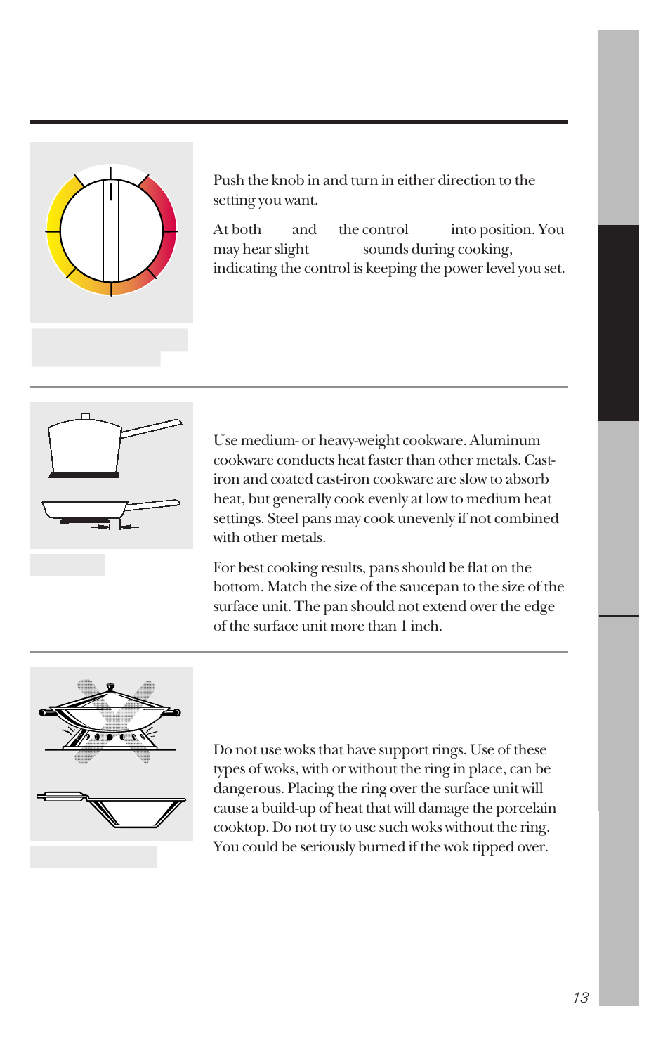 Using the surface units, Using the surface units –15, How to set | Wok cooking, Surface cookware tips | GE 164D3333P034 User Manual | Page 13 / 56
