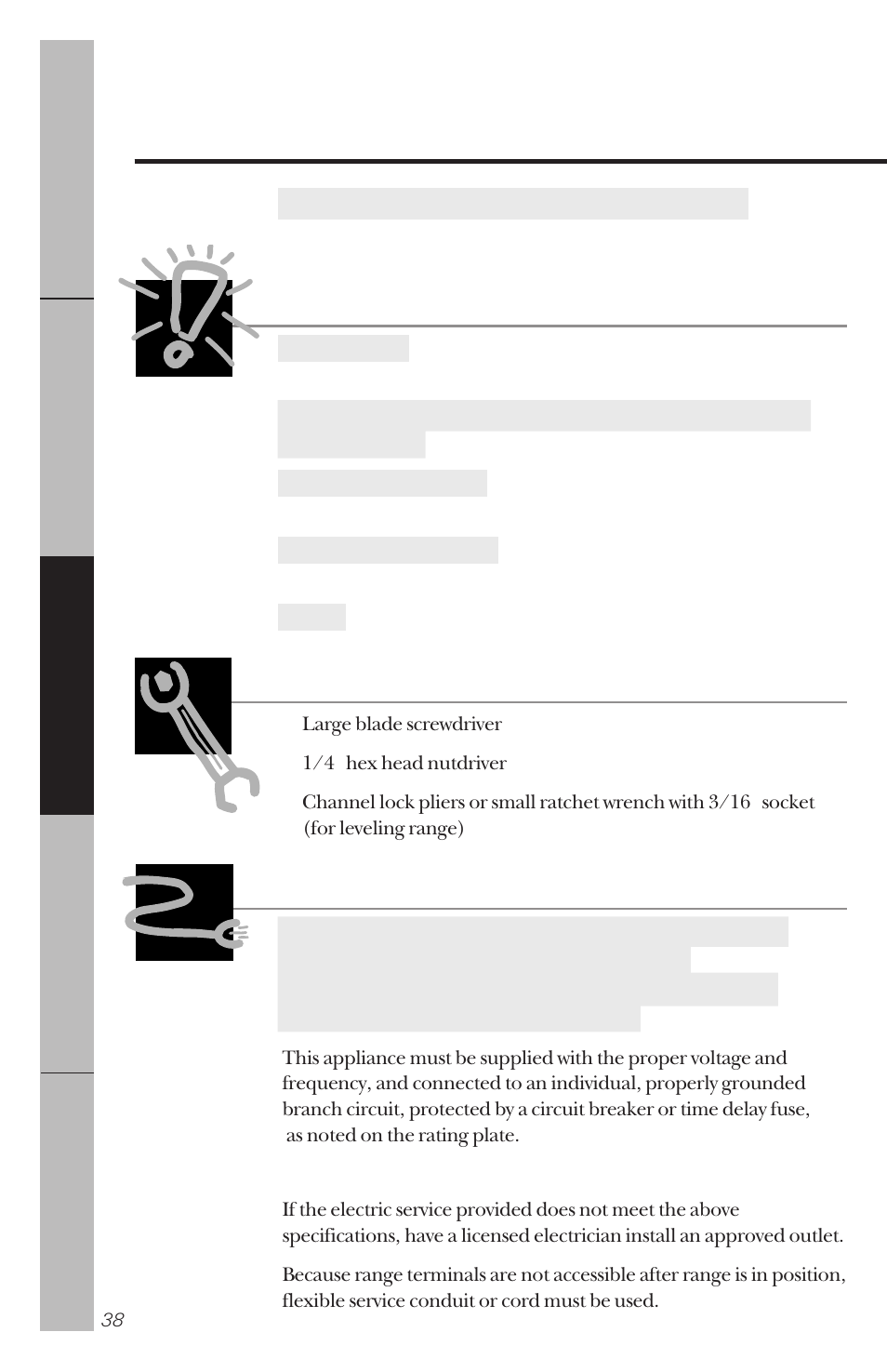 Before you begin, Installation of the range, Tools you will need electrical requirements | GE 164D3333P034 User Manual | Page 38 / 56