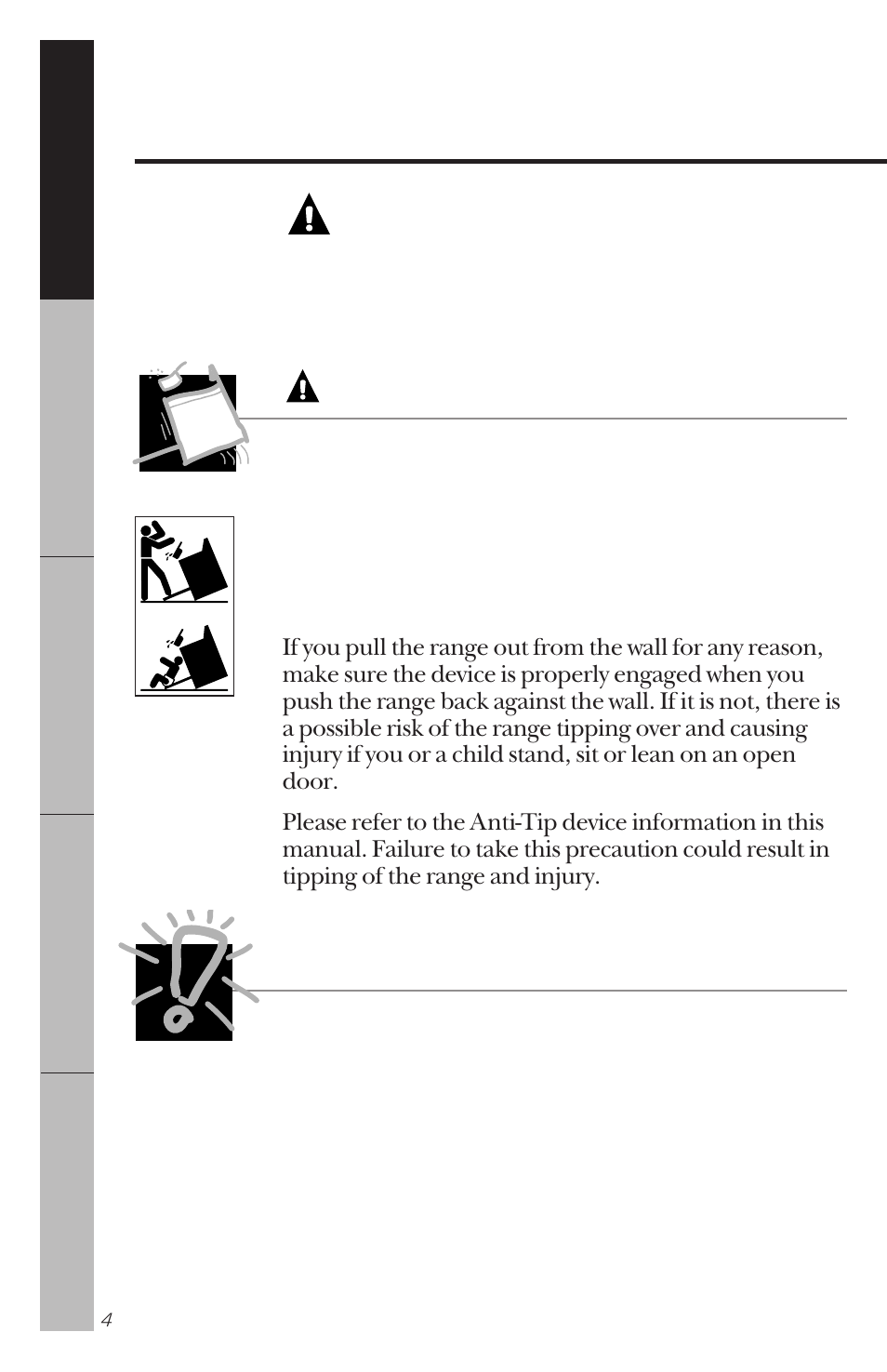 Anti-tip device, Warning, Anti-tip device important safety notice | GE 164D3333P034 User Manual | Page 4 / 56