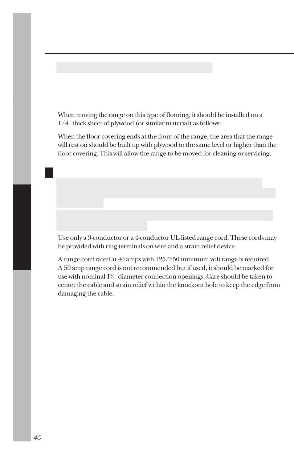 Flooring, Electrical connection, Flooring electrical connection –45 | Installation of the range | GE 164D3333P034 User Manual | Page 40 / 56