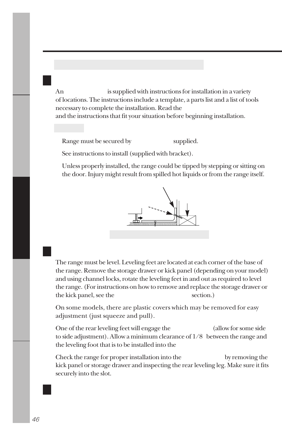 Anti-tip bracket, Leveling, Anti-tip bracket leveling | Installation of the range | GE 164D3333P034 User Manual | Page 46 / 56