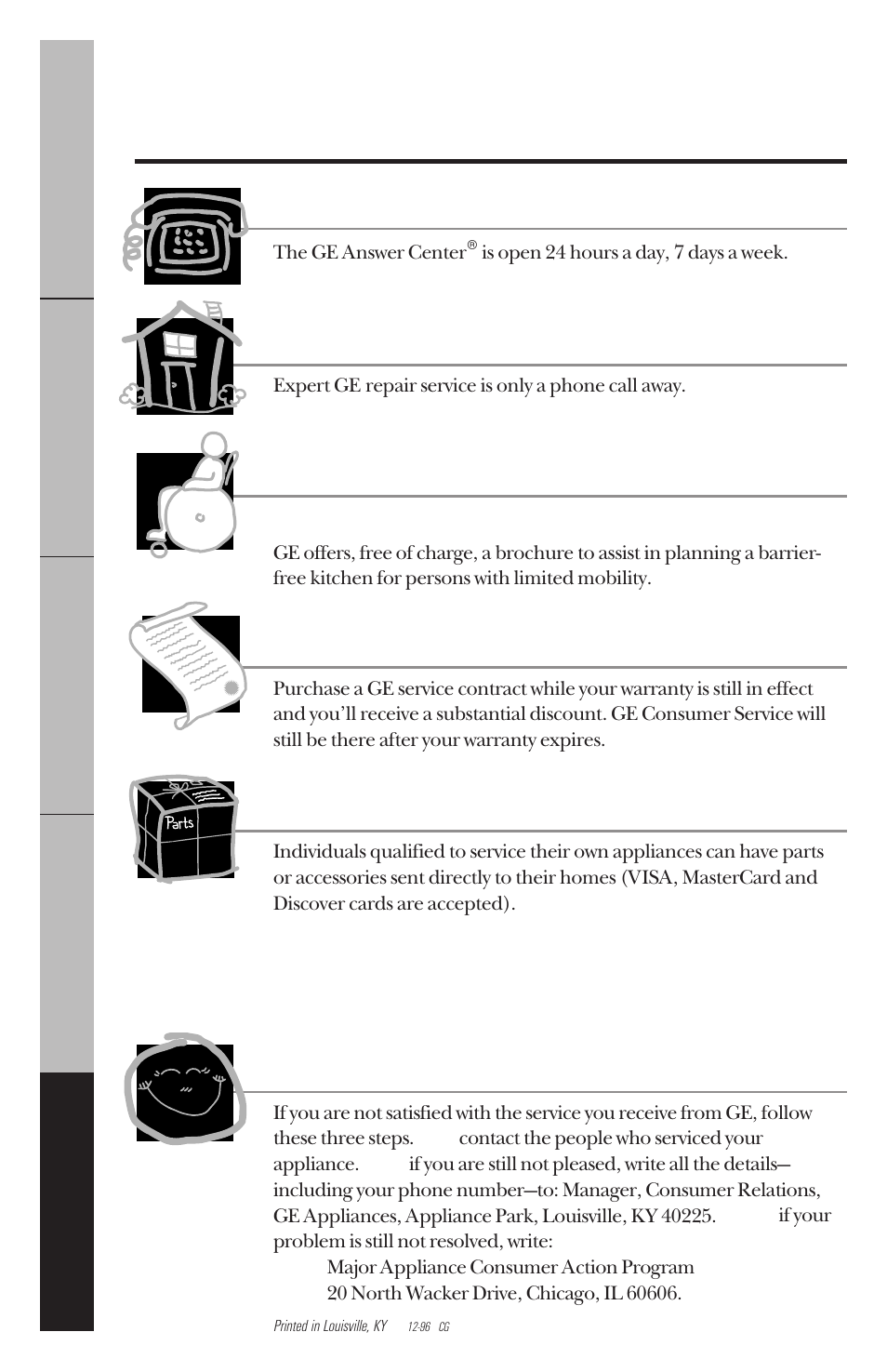 Service telephone, Service telephone numbers, Ge answer center | In-home repair service, Special needs service, Service contracts, Parts and accessories, Service satisfaction | GE 164D3333P034 User Manual | Page 56 / 56