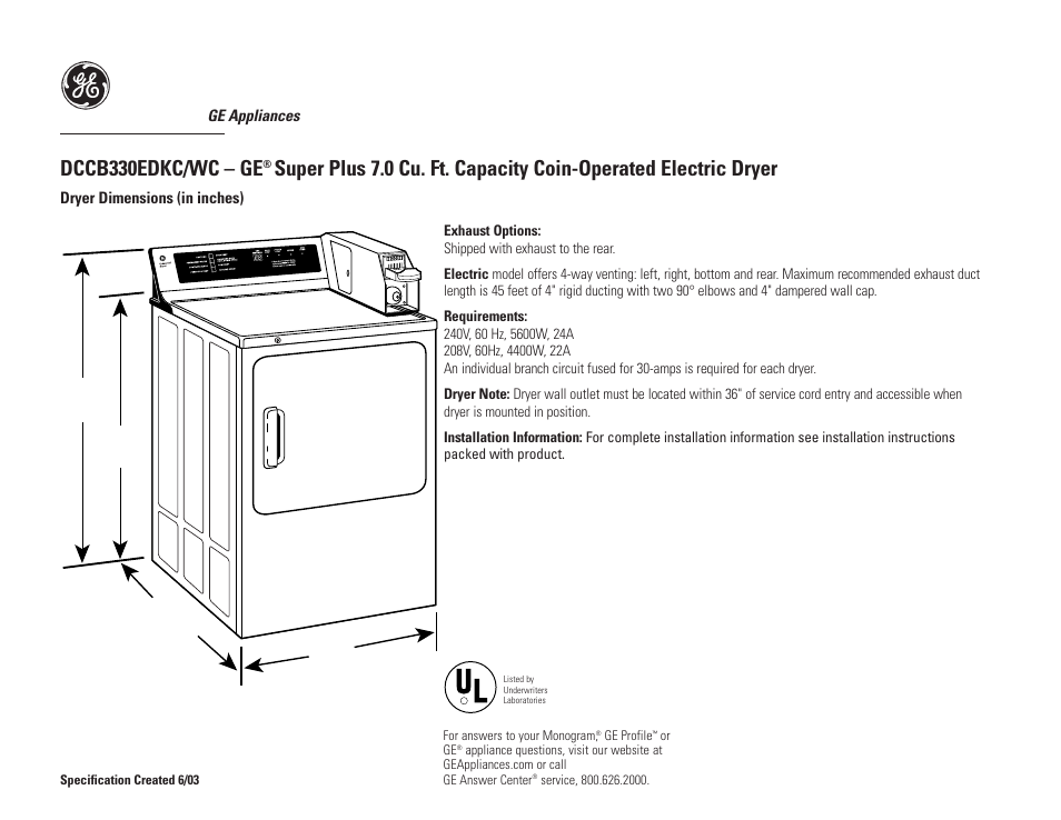 GE DCCB330EDKC User Manual | 3 pages